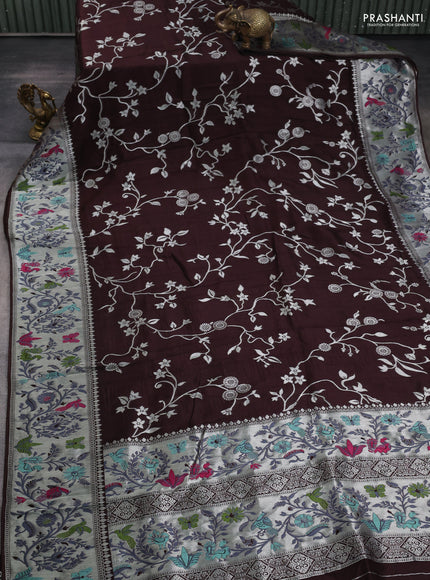 Banarasi semi raw silk saree coffee brown with silver zari weaves and mina border
