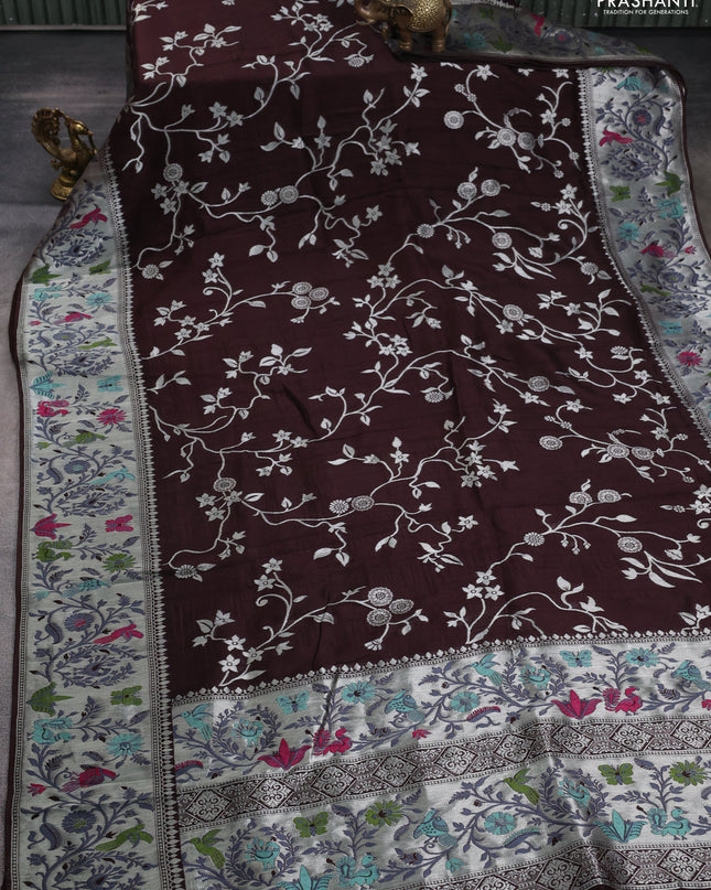 Banarasi semi raw silk saree coffee brown with silver zari weaves and mina border