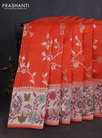 Banarasi semi raw silk saree orange with silver zari weaves and mina border