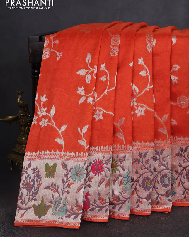 Banarasi semi raw silk saree orange with silver zari weaves and mina border