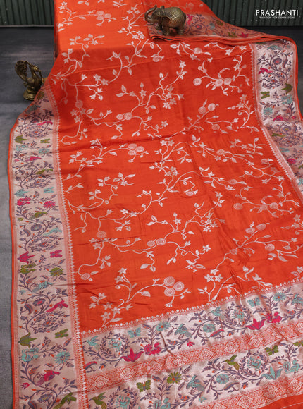 Banarasi semi raw silk saree orange with silver zari weaves and mina border