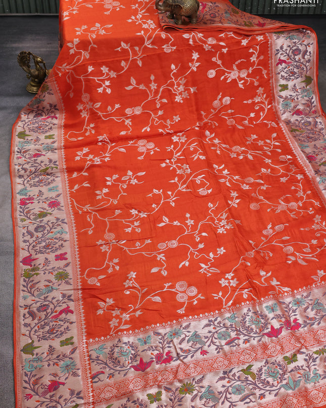 Banarasi semi raw silk saree orange with silver zari weaves and mina border