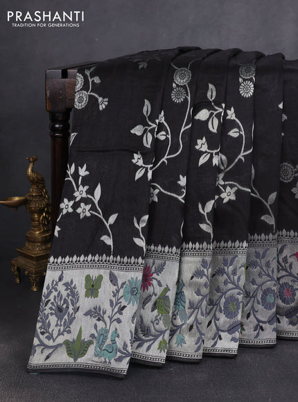 Banarasi semi raw silk saree black with silver zari weaves and mina border