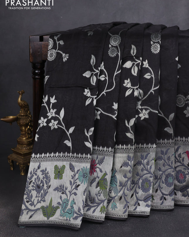 Banarasi semi raw silk saree black with silver zari weaves and mina border