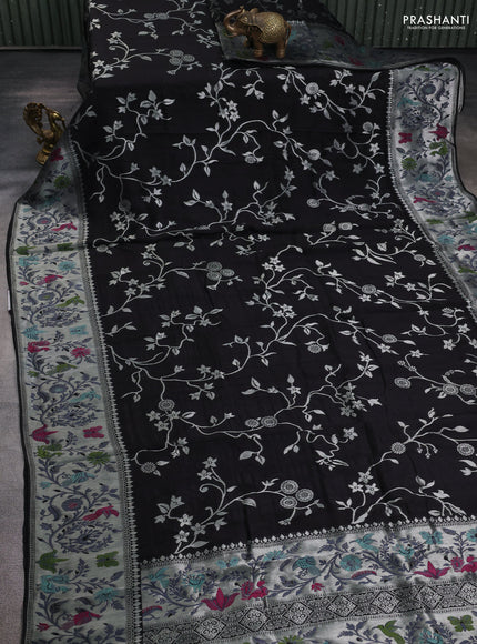 Banarasi semi raw silk saree black with silver zari weaves and mina border