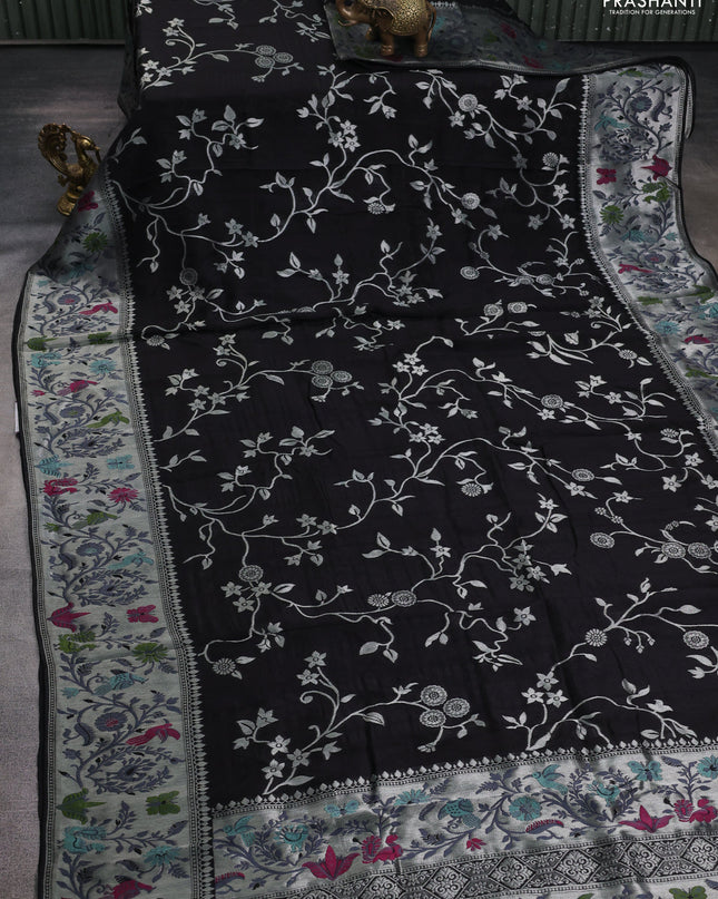 Banarasi semi raw silk saree black with silver zari weaves and mina border