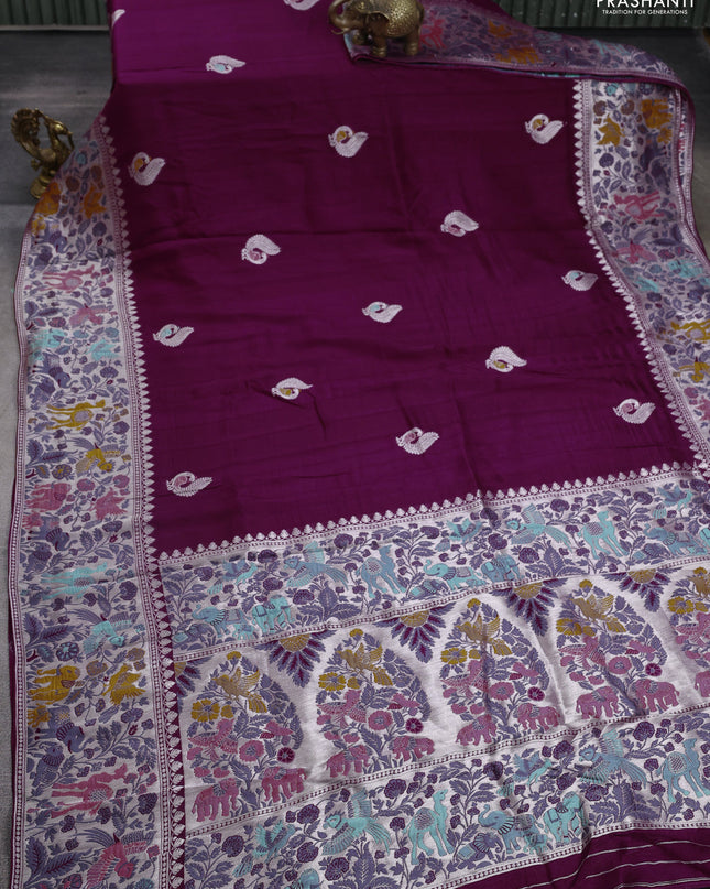 Banarasi semi raw silk saree purple with annam buttas and mina border