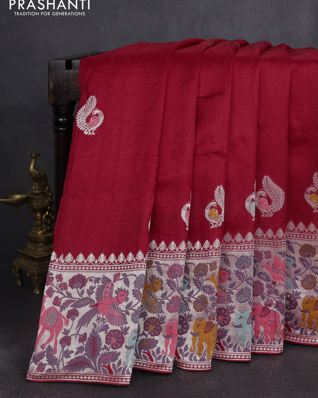 Banarasi semi raw silk saree red with annam buttas and mina border