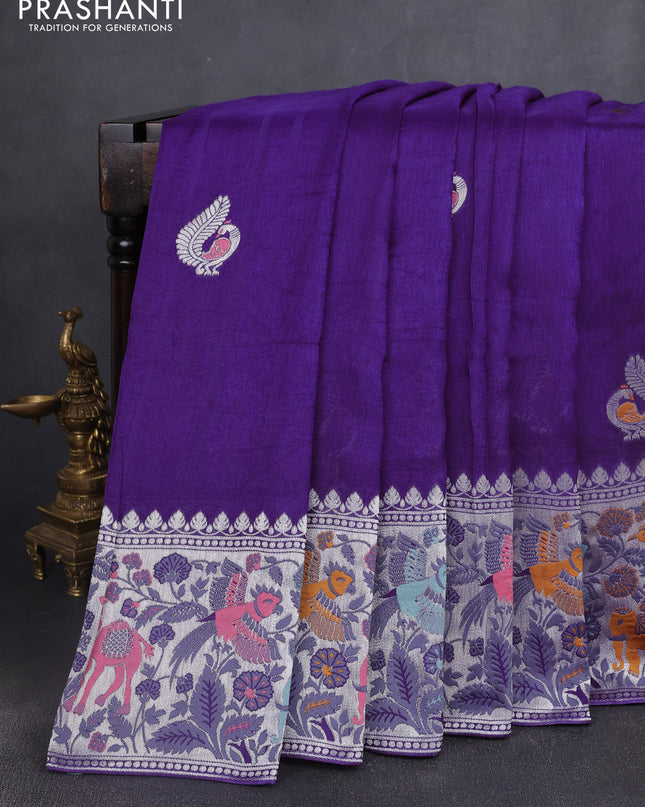 Banarasi semi raw silk saree violet with annam buttas and mina border