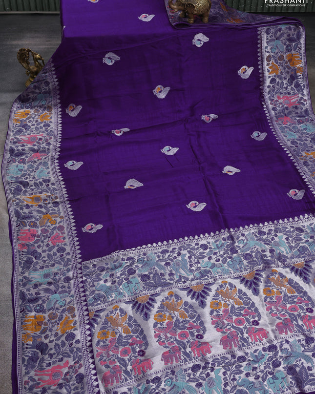 Banarasi semi raw silk saree violet with annam buttas and mina border