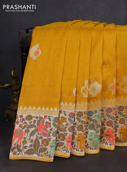 Banarasi semi raw silk saree mustard yellow with annam buttas and mina border