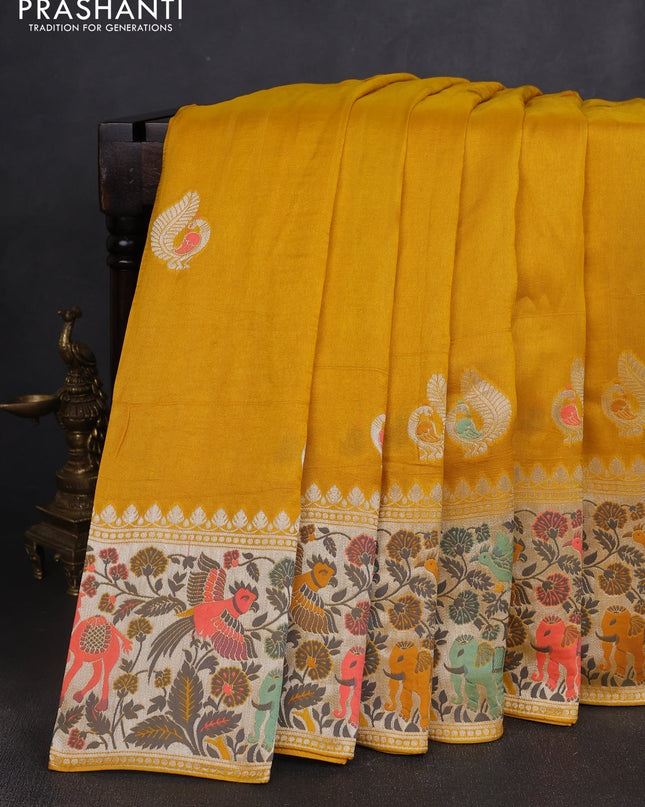 Banarasi semi raw silk saree mustard yellow with annam buttas and mina border