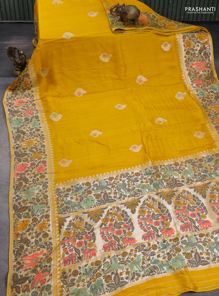 Banarasi semi raw silk saree mustard yellow with annam buttas and mina border