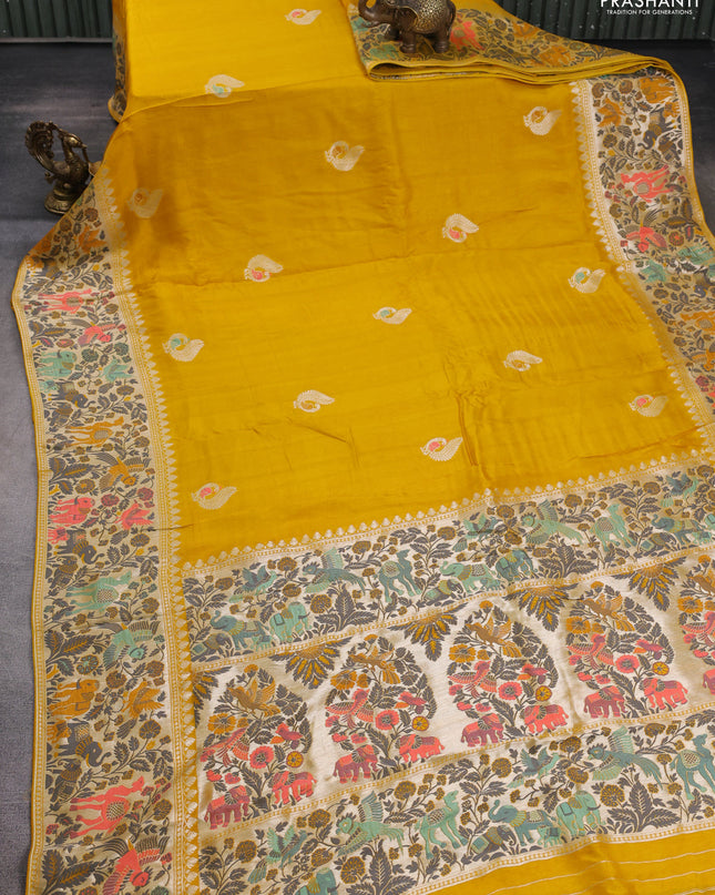 Banarasi semi raw silk saree mustard yellow with annam buttas and mina border