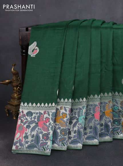 Banarasi semi raw silk saree green with annam buttas and mina border