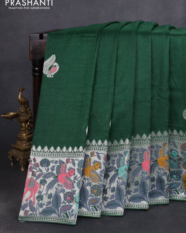 Banarasi semi raw silk saree green with annam buttas and mina border