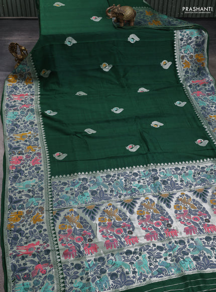 Banarasi semi raw silk saree green with annam buttas and mina border