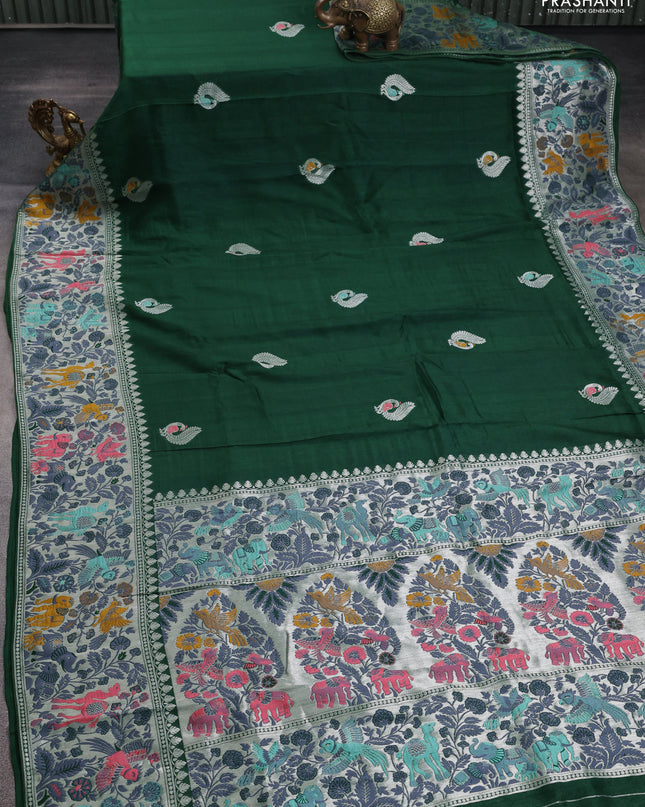 Banarasi semi raw silk saree green with annam buttas and mina border
