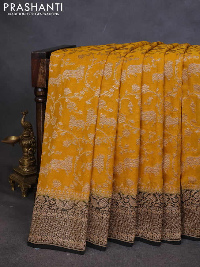 Pure banarasi georgette saree mustard yellow and black with allover zari weaves and woven border
