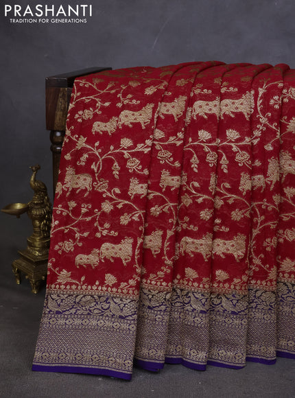 Pure banarasi georgette saree red and blue with allover zari weaves and woven border