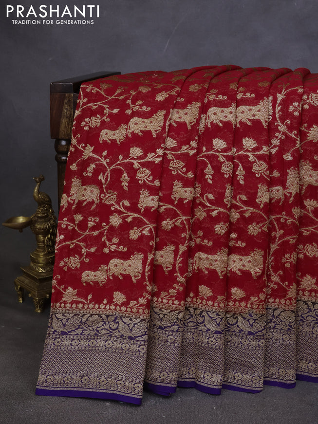 Pure banarasi georgette saree red and blue with allover zari weaves and woven border