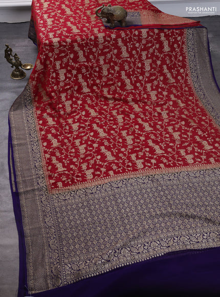 Pure banarasi georgette saree red and blue with allover zari weaves and woven border