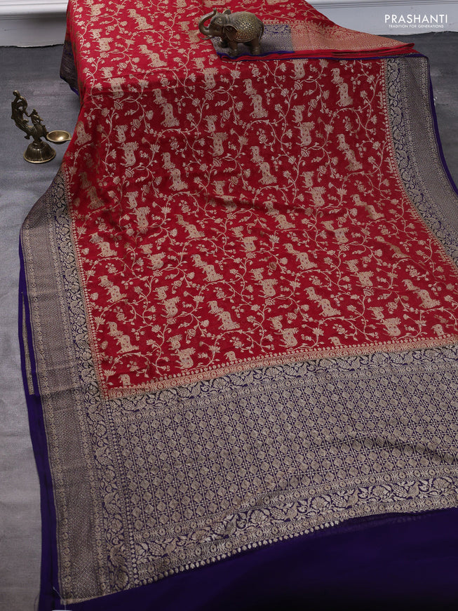 Pure banarasi georgette saree red and blue with allover zari weaves and woven border