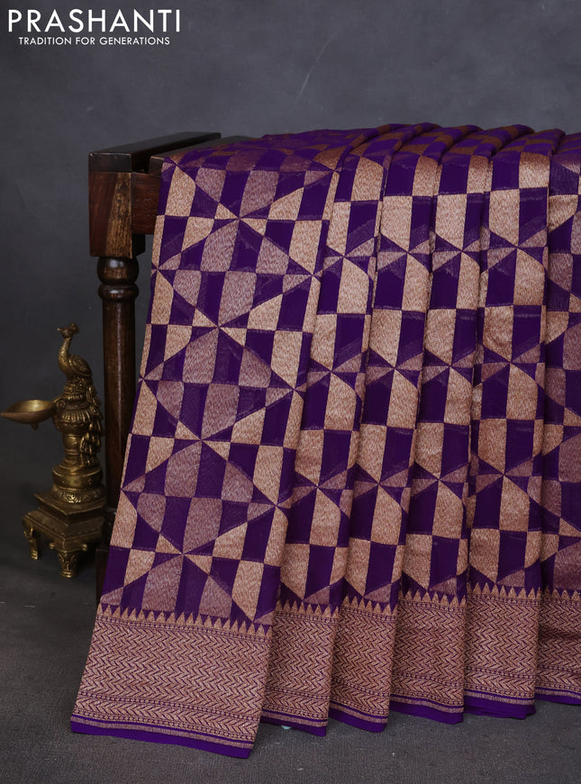 Pure banarasi georgette saree violet with allover geometric weaves and woven border