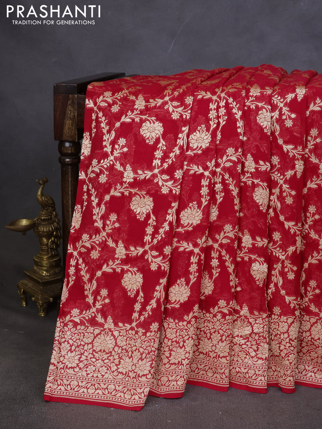 Pure banarasi georgette saree red with allover zari woven jaal weaves and zari woven border