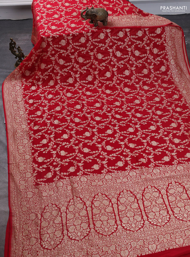 Pure banarasi georgette saree red with allover zari woven jaal weaves and zari woven border