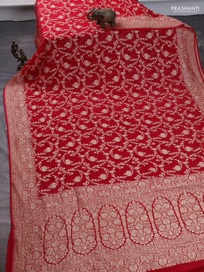 Pure banarasi georgette saree red with allover zari woven jaal weaves and zari woven border