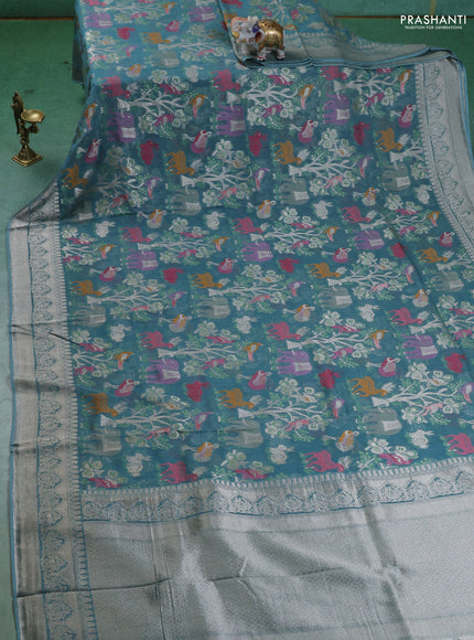 Art chiffon saree pastel blue with allover mina weaves and woven border