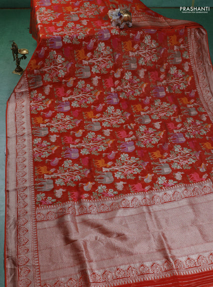 Art chiffon saree orange with allover mina weaves and woven border
