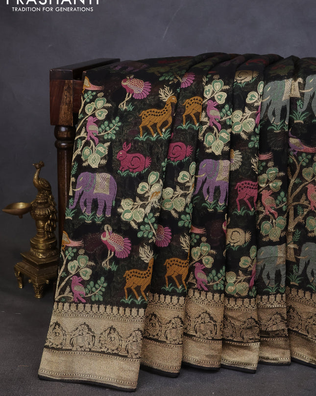 Art chiffon saree black with allover mina weaves and woven border