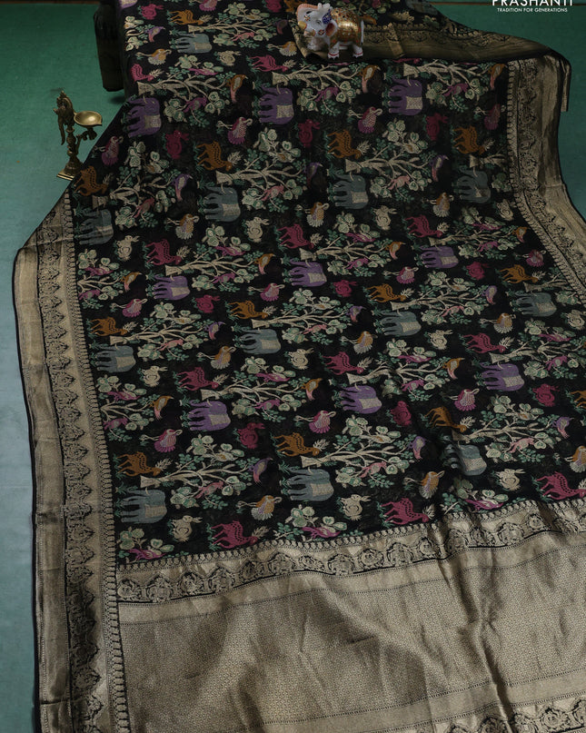 Art chiffon saree black with allover mina weaves and woven border