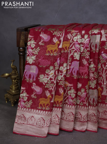 Art chiffon saree red with allover mina weaves and woven border