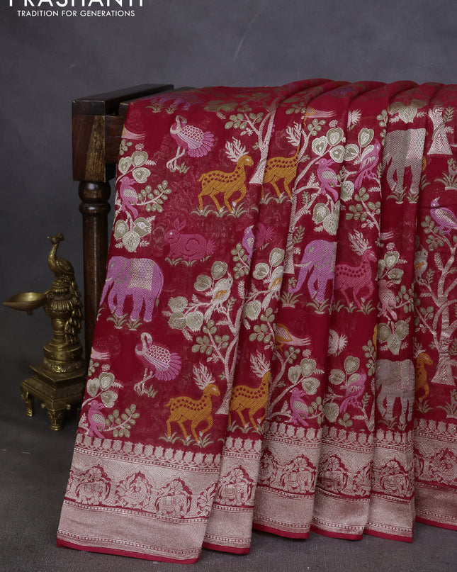 Art chiffon saree red with allover mina weaves and woven border