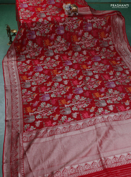 Art chiffon saree red with allover mina weaves and woven border