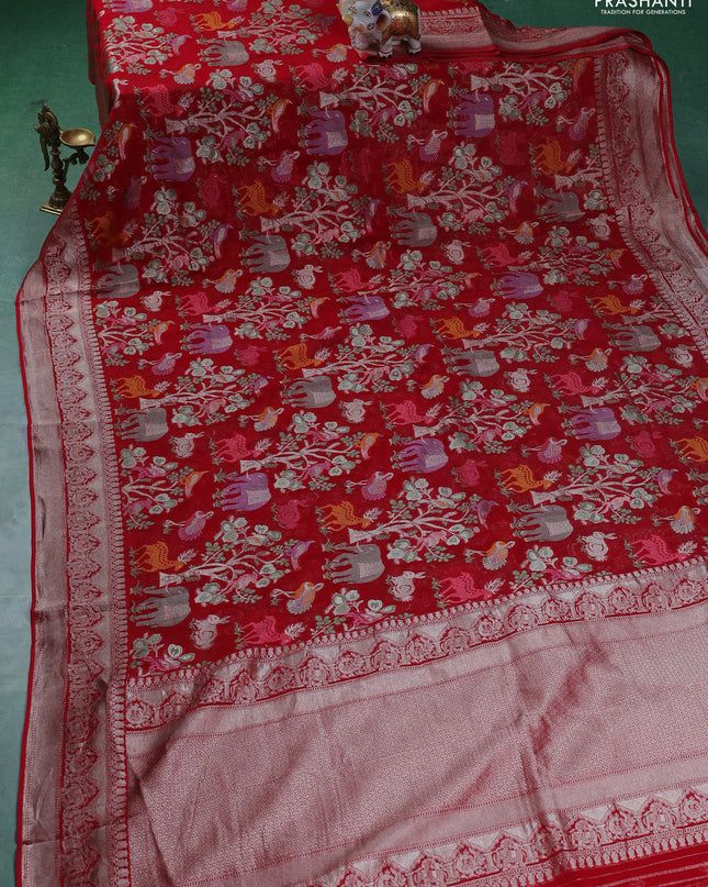 Art chiffon saree red with allover mina weaves and woven border