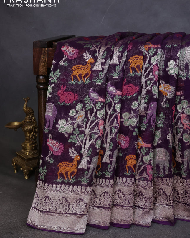 Art chiffon saree violet with allover mina weaves and woven border