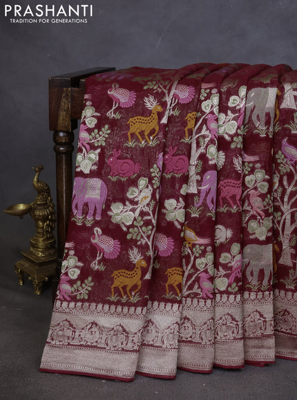 Art chiffon saree maroon with allover mina weaves and woven border