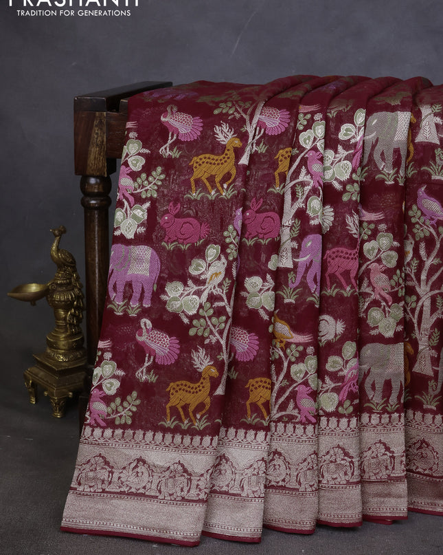 Art chiffon saree maroon with allover mina weaves and woven border