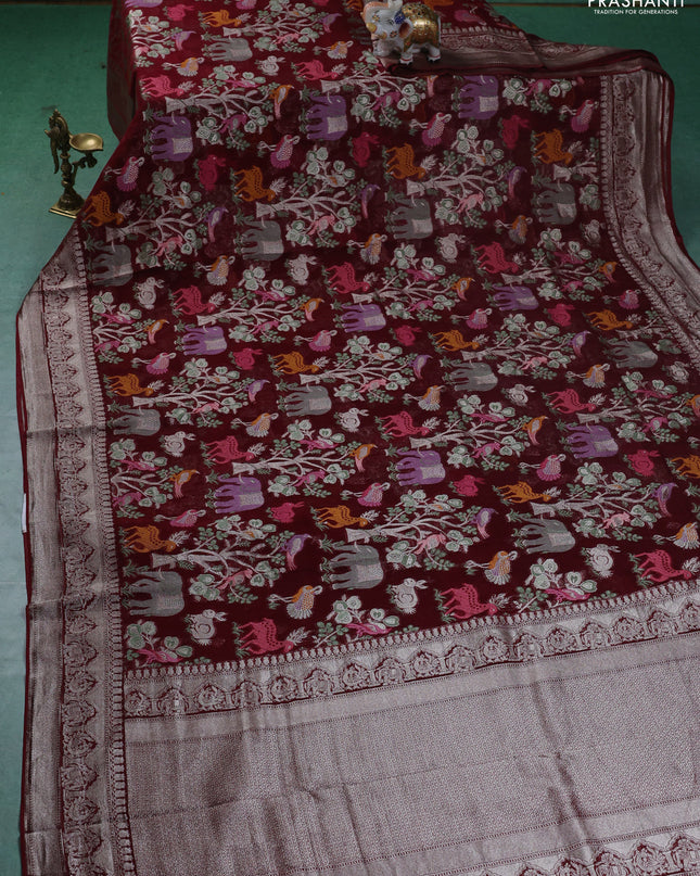 Art chiffon saree maroon with allover mina weaves and woven border