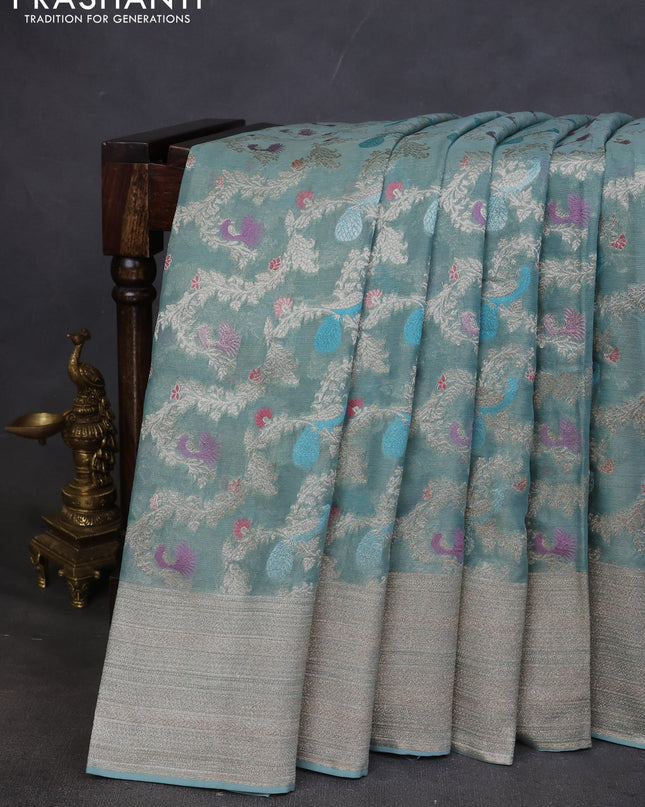 Art chiffon saree pastel blue with allover zari & mina weaves and silver zari woven border