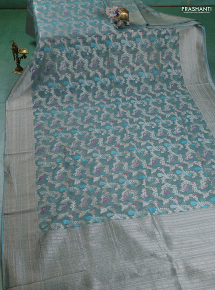 Art chiffon saree pastel blue with allover zari & mina weaves and silver zari woven border