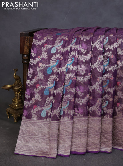 Art chiffon saree purple with allover zari & mina weaves and silver zari woven border