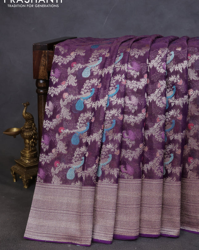 Art chiffon saree purple with allover zari & mina weaves and silver zari woven border