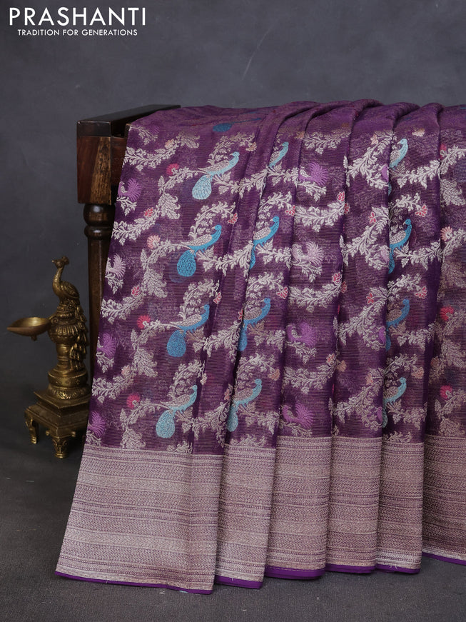 Art chiffon saree purple with allover zari & mina weaves and silver zari woven border