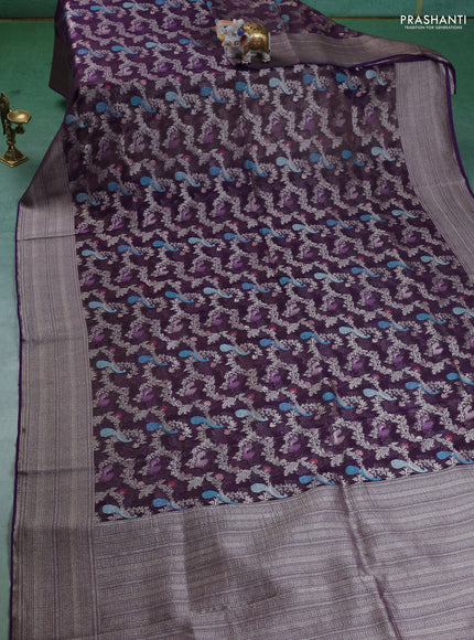 Art chiffon saree purple with allover zari & mina weaves and silver zari woven border
