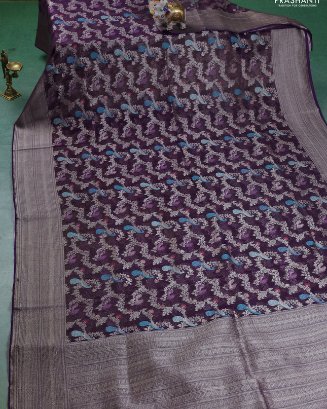 Art chiffon saree purple with allover zari & mina weaves and silver zari woven border
